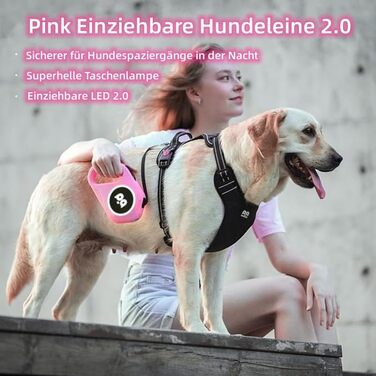 Висувна поводок для собак з LED-підсвічуванням, гальмом та системою швидкого розблокування. 5м нейлоновий поводок для собак середніх та маленьких порід (до 40 кг). Білий/Рожевий колір