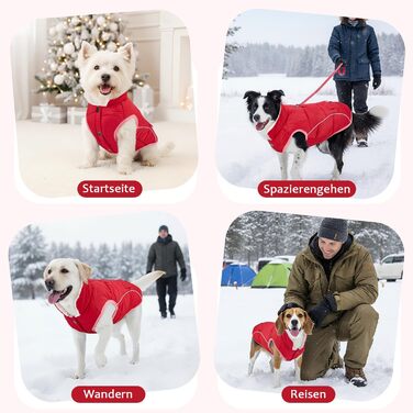 Зимовий одяг для собак Nasjac: тепла куртка зі снігозахистом, флісовою підкладкою, світловідбиваючими смугами та кишенями. Водовідштовхуюча жилетка для собак малих та середніх порід, червона, розмір L