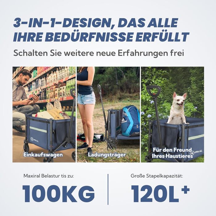 Складаний вагончик Homecall для відпочинку, покупок та транспортування (100 кг, Navy Blue)