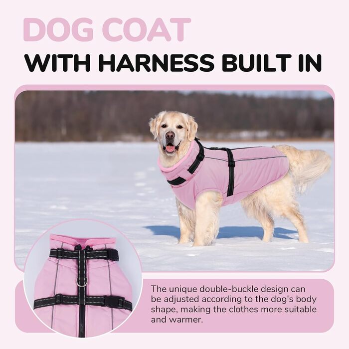 Теплий зимовий одяг для собак Lelepet: куртка з інтегрованим шлейкою, вітронепроникний флісовий одяг, світловідбиваюча жилетка для собак, XL (XX-Large, рожевий)