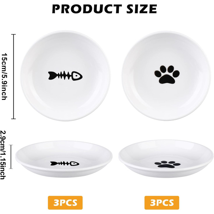 Набір мисок для котів з кераміки, 6 шт. - миски для корму та води (15x2,6 см)
