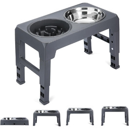 Підвищений годівниця для собак, регульована висота, підставка, 4 рівні, повільне годування, миска для собак з нержавіючої сталі для малих, середніх та великих собак (сіра)