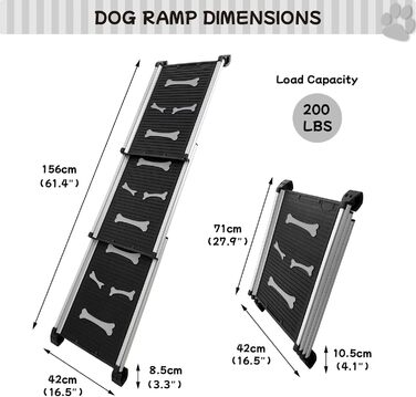 Рампа для собак, складна телескопічна, сіра, 28''x62'' - для великих, середніх та маленьких собак, антиковзка, для авто та SUV
