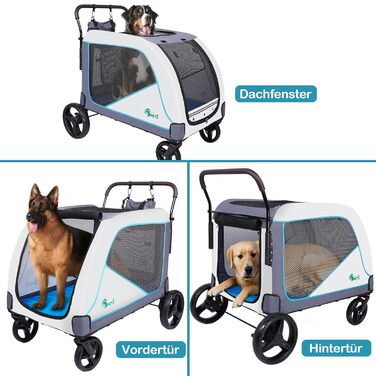 Візок для собак Ownpets XL для великих собак до 70 кг, з місткою сумкою, регульованою ручкою, дихаючим мережем, складний, 4 гумові колеса