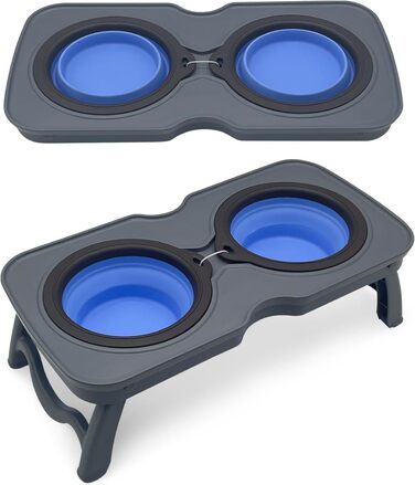 Складані годівниці для собак, 2-в-1 піднятий набір для їжі для домашніх тварин зі стійкою, портативні дорожні миски для собак та котів (Рожевий) (Блакитний)