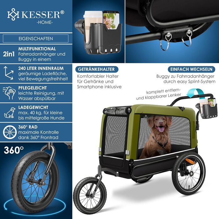 KESSER® причіп-візок для собак Boxer 3в1, велосипедний, прогулянковий, 240 л, 600D Оксфорд, амортизований, до 40 кг, з тримачем для напоїв