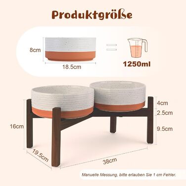 Миска для собак SpunkyJunky з кераміки, подвійна, піднята на підставці з акації, для великих собак (1250 мл, білий та червоно-коричневий)