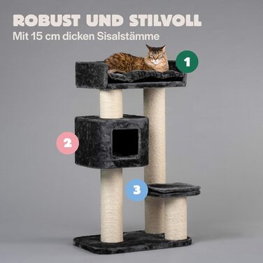 Дряпак для великих котів RHRQuality Devon Rex 120 см, темно-сірий, з ігровим будиночком і 15 см сизалевими стовпами