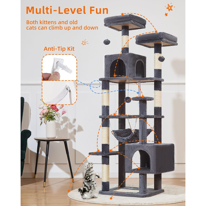 Дряпка для котів Taoqimiao MS020SG, котячий комплекс для дому, м'який будиночок з 6 стовпчиками, 2 лежаками, 2 домівками, гамаком і 3 іграшками-помпонами, сірий