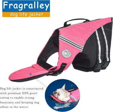 Жилет для плавання собак Французького бульдога, жилет для плавання, катання на човні, з поплавком на підборідді та рятувальним гачком, високий клас (обхват грудей: 43,2 см - 76,2 см), рожевий