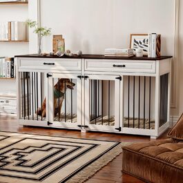 Клітка для собак з 2 ящиками та 2 дверцятами, біла та темно-коричнева, MDF, 160x60x80 см. Підходить для 2 собак