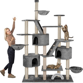 Дряпак для котів HAPPYPET Simba XXL до стелі 260 см, сірий, з будиночками, сходами, лежанками, 9 см стовпи, стабільний, багато аксесуарів