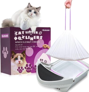 Вкладиші для котячого туалету Elzrghs з шнурком, сумісні з котячими туалетами 3/4, пакети для сміття, міцні, для автоматичних самоочисних туалетів, 50 шт.