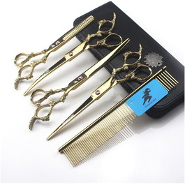 Професійний набір ножиць для стрижки волосся 7 дюймів (4 шт.) з антиковзним ручками 'Дракон', золотий колір. Ідеально підходить для стрижки собак та котів.