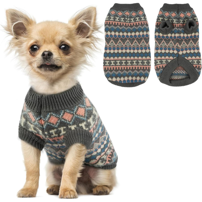 Пуловер для собак Hjumarayan Boho, теплий пуловер для маленьких собак, пуловер на Різдво, з отвором для повідка, для Чихуахуа, Йоркшира, Джек Рассела (Сірий, S)