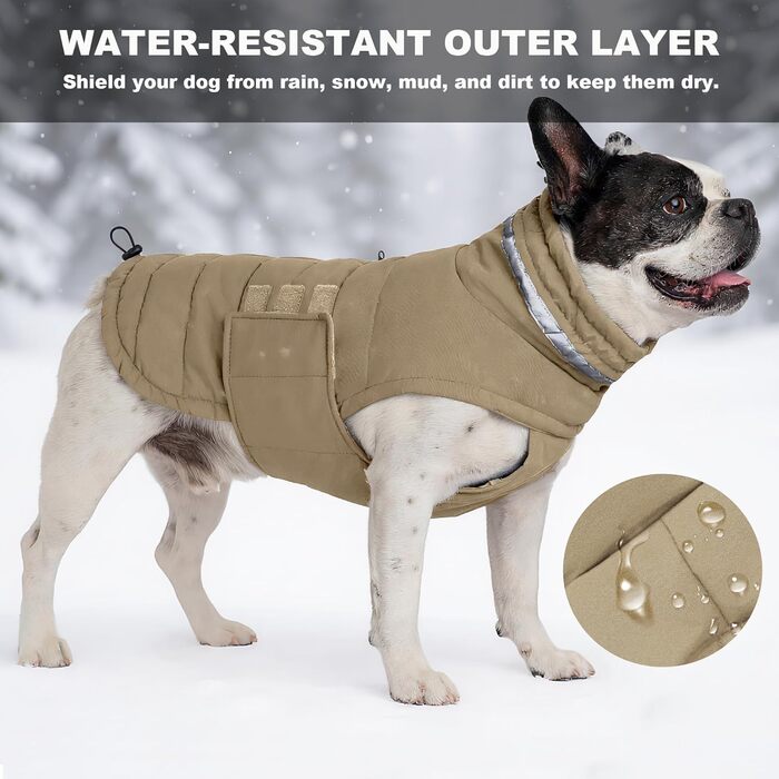 Водонепроникний зимовий теплий вітрозахисний одяг для собак, світловідбиваючий, з регульованим коміром-стійкою, на липучці - Хакі - Розмір S