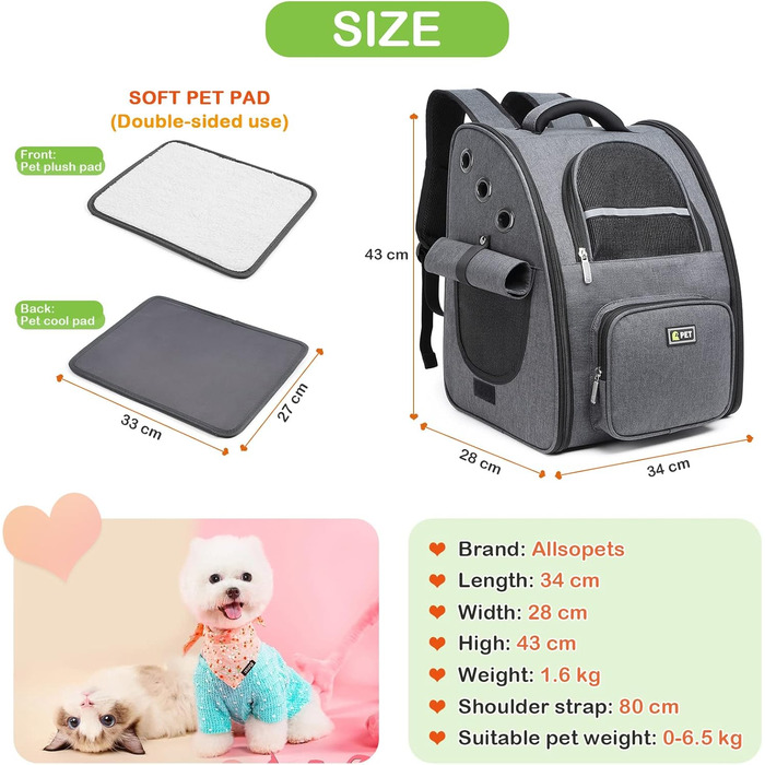 ALLSOPETS рюкзак для собак і котів, дихаючий, складаний, з безпечним гачком, переноска для подорожей і прогулянок, темно-сірий