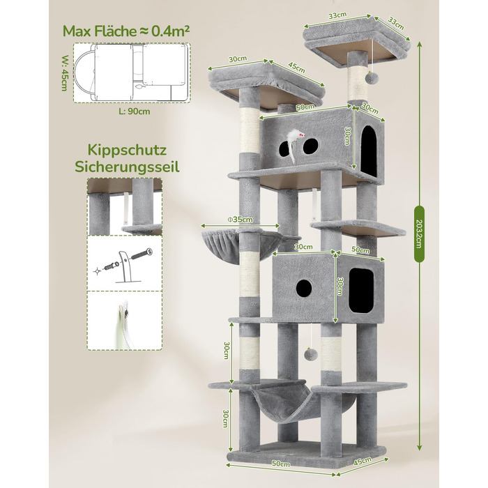 Комплекс для котів Globlazer XXL (204 см) для 3-5 великих котів, колір світло-сірий: будиночки, платформа, гамак, кошик, іграшки