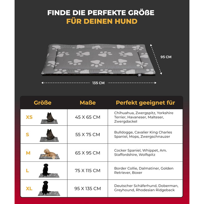 Літня собача ковдра HS-Hundebett® з бавовни з наповнювачем та антиковзким покриттям XS – М'яка собача ковдра для літа – Працює в пральній машині та довговічна – Легка літня ковдра для собак – Виготовлено в Німеччині (Лапа Антрацит, 95x135 см)