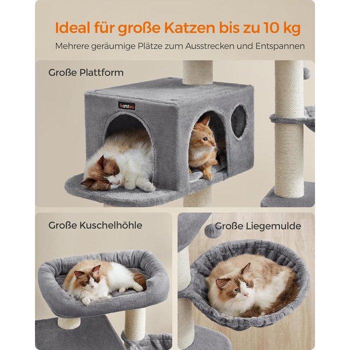 Драбина для котів Feandrea XXL: міцна, з 6 товстими стовпчиками, платформа, будиночок, кошик, сіра