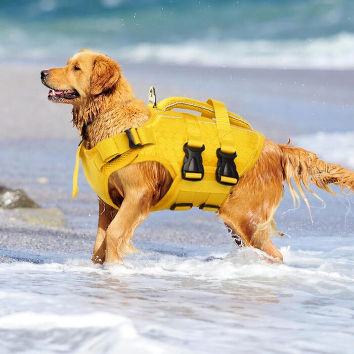 Жилет для плавання собак Kuoser: регульований, з ручкою для рятування, для цуценят та дорослих собак, жовтий