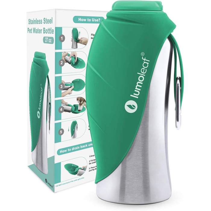 ЛьюмоЛіф - пляшка для води для собак, 800 мл, нержавіюча сталь, портативна, для подорожей, хандер, кемпінг (зелена)