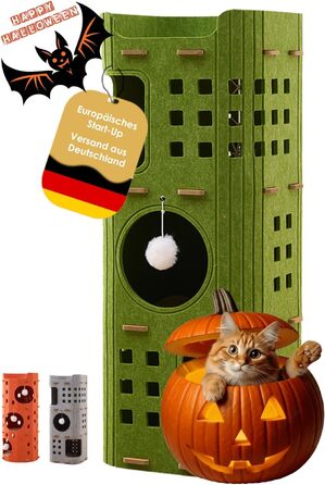 Сучасний котячий комплекс з 4 ярусами та 3 будиночками для котів, фетр, стійка альтернатива котячого будиночка з іграшкою, тихий та компактний (90 см), зелений (35 x 35 x 90 см)