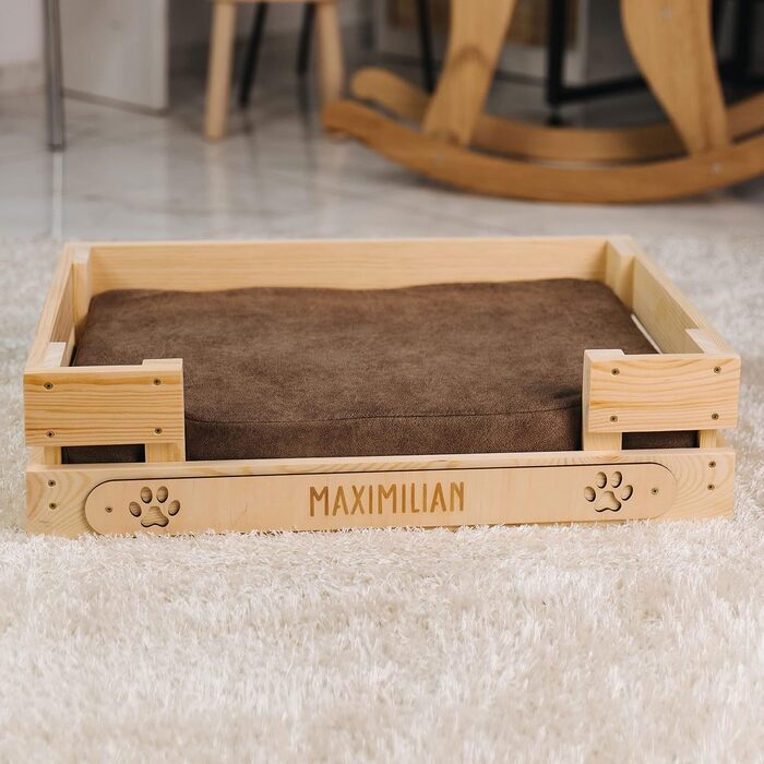 Персоналізоване ліжко для котів LAUBLUST з іменем - гравіювання лапок та імені - котяче ліжко/софа для великих та маленьких котів | Ліжко-лежанка з дерева з подушкою | приблизно 60x40x15см, коричневе з коричневою подушкою