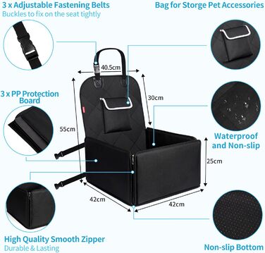 Автокрісло для собак Tamowa, чорне, для маленьких та середніх порід, на переднє та заднє сидіння, з ременем безпеки, водовідштовхувальне