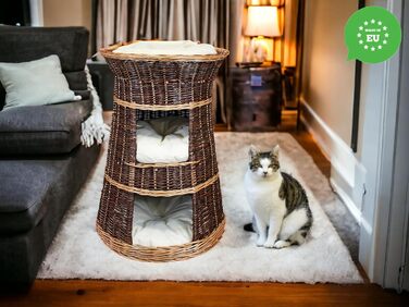 Корзина для котів для сну - котяча хатинка для дому - розмір 43 x 49 x 70 см, кругла - котяча печера з лози, трирівневе ліжко для собак або котів з пральним подушками в кольорі слонова кістка - лакована корзина з бежевими подушками