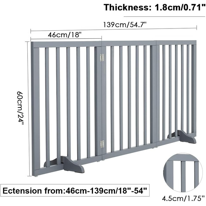 Захисне бар'єр для собак Fellie: дерев'яний, без свердління, для дому та сходів, H60см, 4 панелі (L183×H60cm)