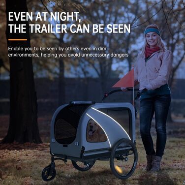 2-в-1 Причіп для собак XXL, Фарбований причіп для собак з дахом, Відбивачі та світловідбиваючі смуги, Універсальний з'єднувальний елемент для велосипеда, Регульована ручка-штовхач, Сірий