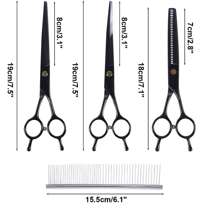 Набір ножиць для собак 7 дюймів, професійний 5-в-1 з нержавіючої сталі, включаючи ножиці для фінальної обробки, вигнуті та прямі ножиці, гребінець для грумінгу, серветка для чищення, кейс для зберігання, регулювальний гвинт, для собак та котів, чорний