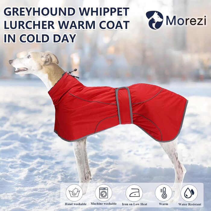 MOREZI Зимовий теплий одяг для собак, куртка для Віппетів з флісовою підкладкою, водонепроникна куртка для собак з регульованими ремінцями та світловідбиваючими елементами - Розмір L (довжина спини 61-64 см), Червоний
