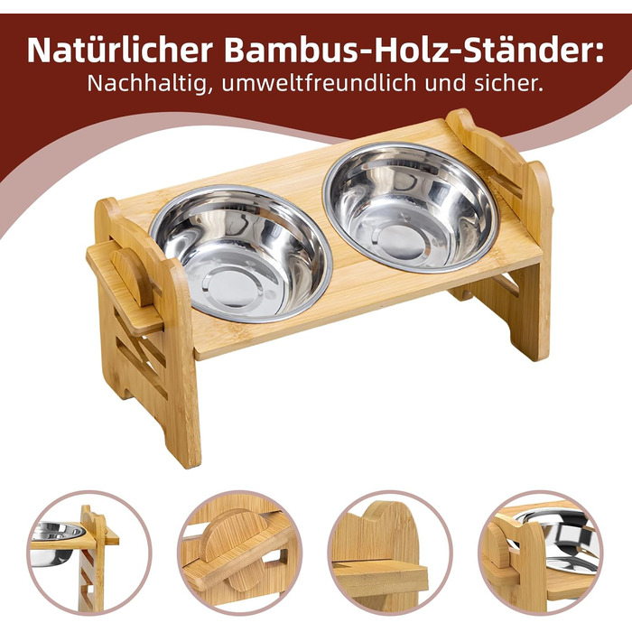 Підвищена годівниця для собак DOKKOME: регульована висота, бамбуковий підставник, нержавіюча сталь, для маленьких собак та котів, захист суглобів