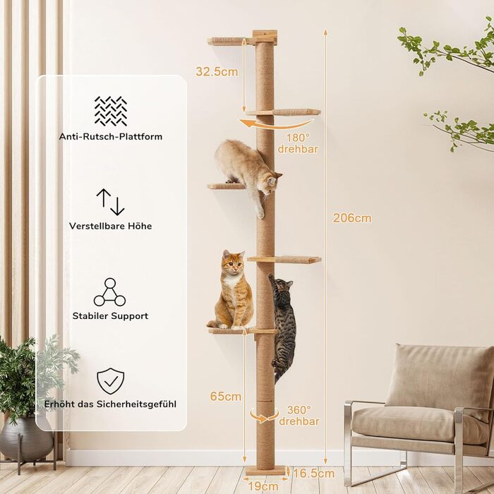 Котів Дім: 5-ярусний когтетоп для котів (206 см), регульований, стійкий, для лазіння та дряпання, жовто-коричневий