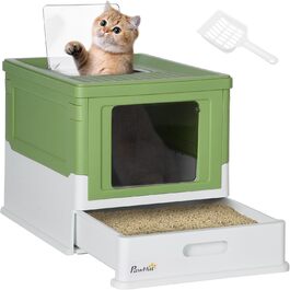 Туалет для котів PawHut з кришкою та лопаткою, пластиковий, дезодоруючий, біло-зелений, 47,5x35,5x36,7 см