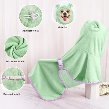 Рушник для собак Mosucoir з мікрофібри, з капюшоном, зелений (M)