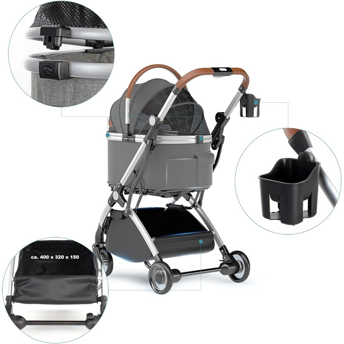 Візок для собак Fudajo 2в1, розкладний, з сумкою-переноскою для собак та котів (сірий, до 15 кг)