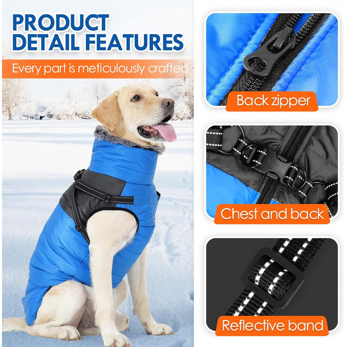 Зимовий одяг для собак, непромоканий та вітронепроникний, теплий з високим коміром, інтегрованим дзвоником, світловідбиваючими елементами та блискавкою – ідеальний для холодної погоди та снігу (Blue, XXL)