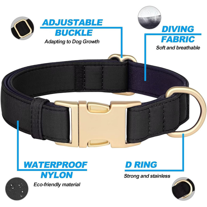 Нашийник для собак Didog з нейлону, м'який, з металевою застібкою-швидкої фіксації, чорний, розмір M (33-51 см)