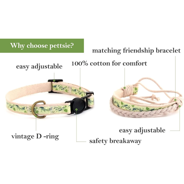 Набір нашийників для котів Pettsie та браслети дружби, безпечний дизайн з м'якої бавовни, D-подібне кільце для аксесуарів, регульований розмір 19-29 см, зелений