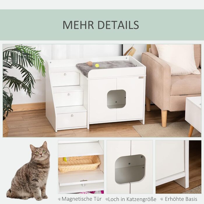Шафа для котячого туалету PawHut, біла, 90x48x59 см, з 3-рівневою драбиною, котячий будиночок з отвором у дверцятах