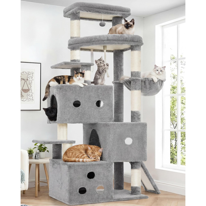 Комплекс для котів Heybly Kratzbaum 188 см, сірий: будинок, лежанка, кігтеточки з сизалю
