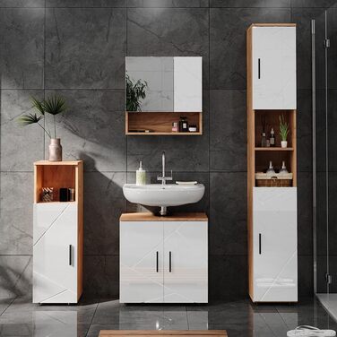 Високий шафа Vicco Irma для ванної, 30x95 см, білий глянець/дуб Goldkraft