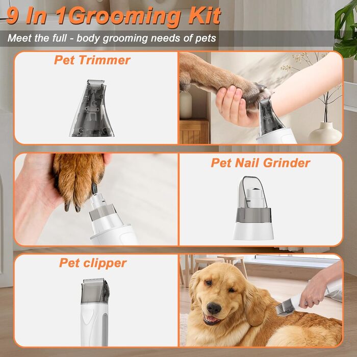 Машина для стрижки собак з пилососом, тиха, для собак та котів. Комплект з 10 інструментів для догляду, контейнер для сміття 2.0 л