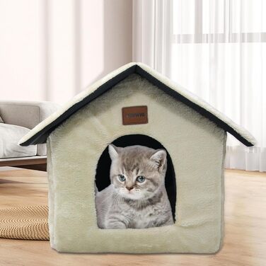 Whiwhi плюшевий будиночок для котів, котяче ліжко-ніша з м'якою подушкою, переносна хижка для кота з нековзким дном, тепла і затишна, 45x40x45 см, бежева