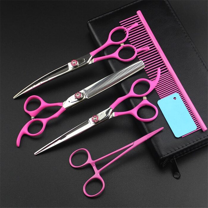 Набір ножиць для собак 7,0' 6 в 1: прямі, вигнуті, фінішна ножиця, пінцет та гребінець з нержавіючої сталі, рожевий (36 зубців)