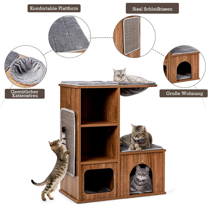 Клітка-кігтеточка для котів Costway з будиночком та килимками, дерев'яна, 69x39x80,5 см