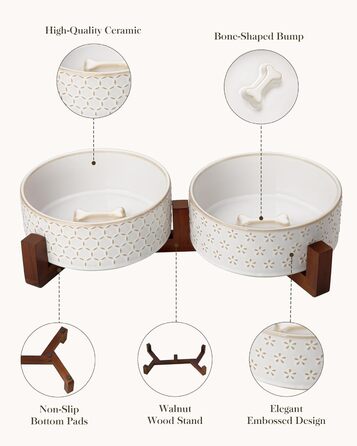 Набір мисок для собак Malacasa з підставкою з горіхового дерева, 3.5 чашок кераміки, миски для кормів та води для цуценят та собак, з антиковзним дном, підходить для собак та котів. В комплекті: п'ятилистове трав'яне добриво + стільнички.